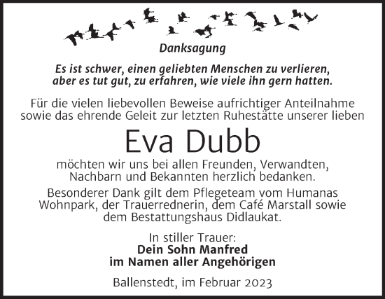 Traueranzeige von Eva Dubb von Mitteldeutsche Zeitung Quedlingburg