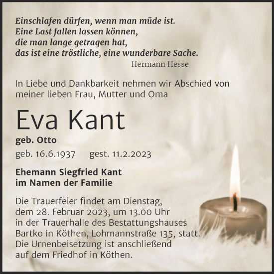 Traueranzeige von Eva Kant von Trauerkombi Köthen