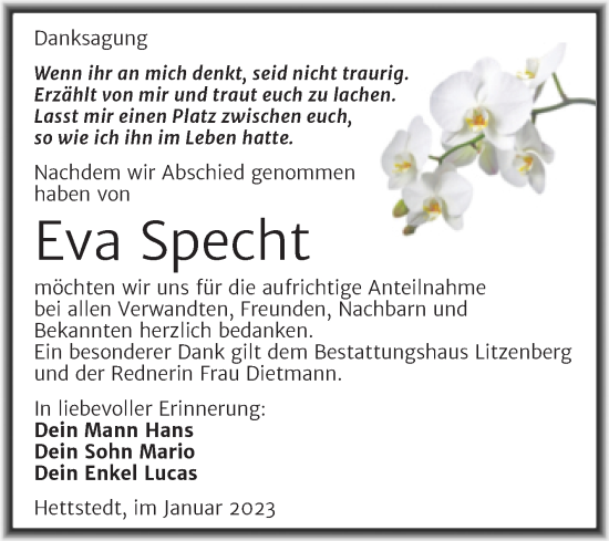 Traueranzeige von Eva Specht von Trauerkombi Mansfelder Land
