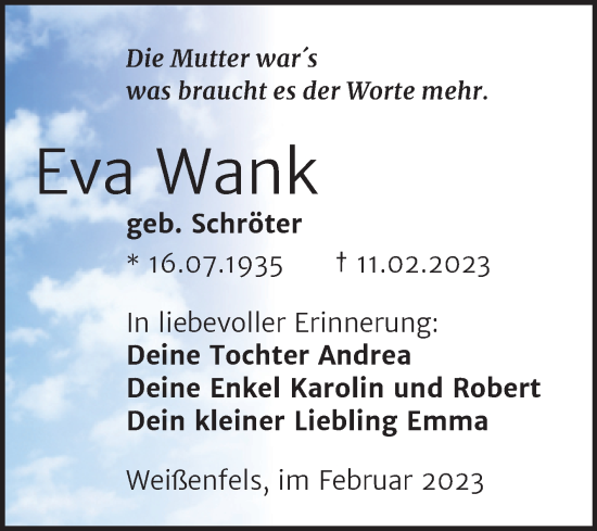Traueranzeige von Eva Wank von Trauerkombi Weißenfels