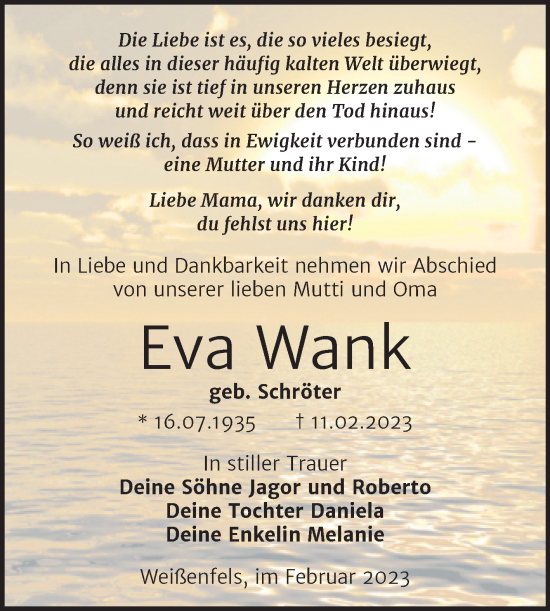 Traueranzeige von Eva Wank von Trauerkombi Weißenfels