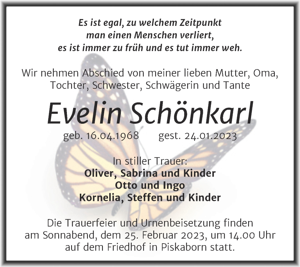  Traueranzeige für Evelin Schönkarl vom 08.02.2023 aus Trauerkombi Mansfelder Land