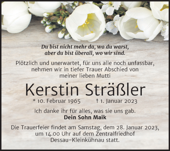 Traueranzeige von Kerstin Sträßler von Trauerkombi Dessau