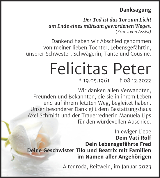Traueranzeige von Felicitas Peter von Wochenspiegel Naumburg/Nebra