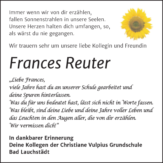 Traueranzeige von Frances Reuter von Trauerkombi Merseburg