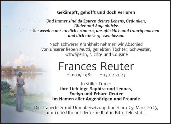 Traueranzeige von Frances Reuter von Trauerkombi Bitterfeld