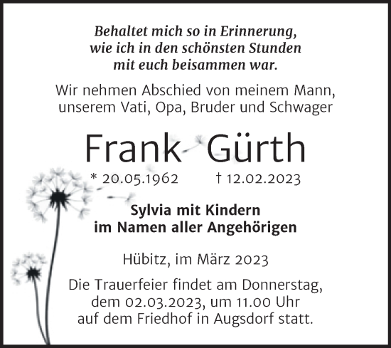 Traueranzeige von Frank Gürth von Trauerkombi Mansfelder Land