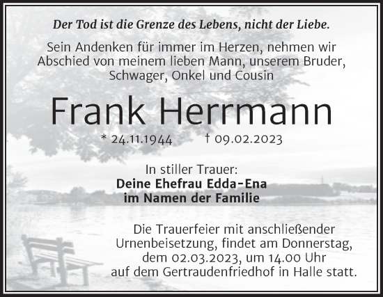 Traueranzeige von Frank Herrmann von Mitteldeutsche Zeitung Halle/Saalkreis