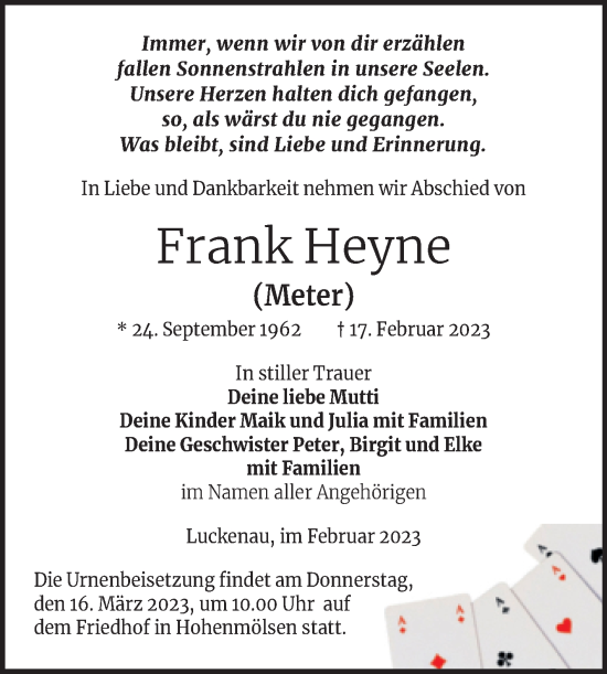 Traueranzeige von Frank Heyne von Trauerkombi Zeitz