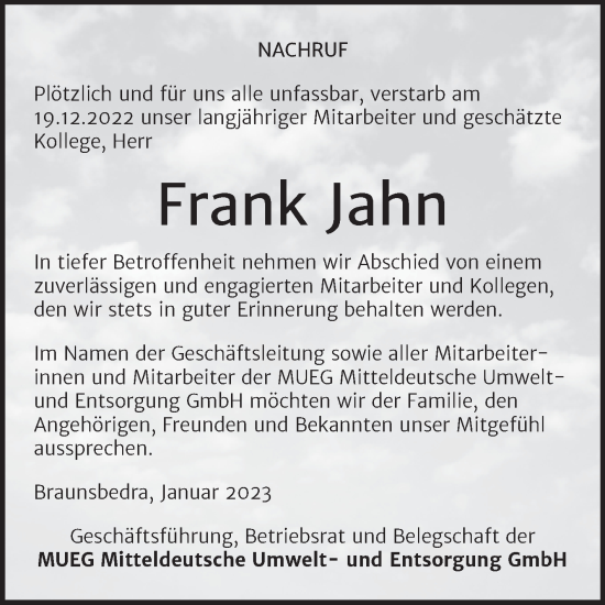 Traueranzeige von Frank Jahn von Mitteldeutsche Zeitung Halle/Saalkreis