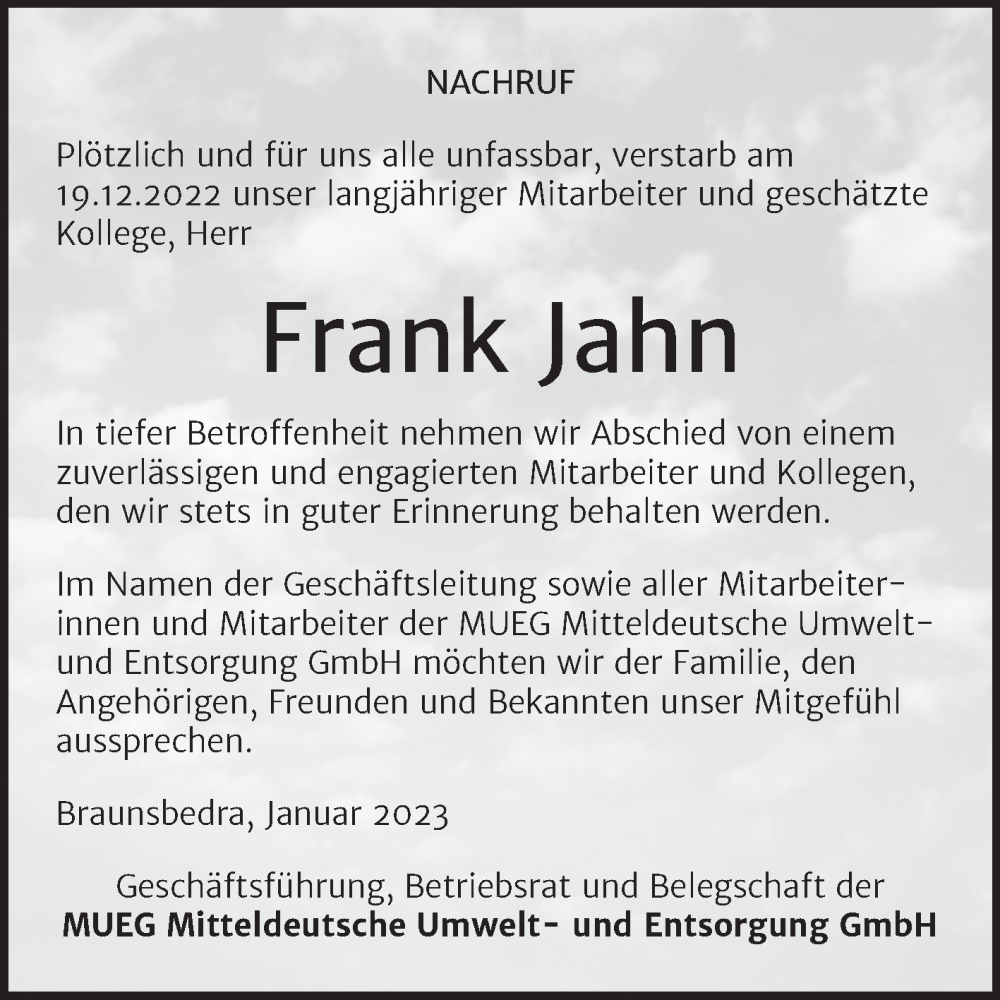  Traueranzeige für Frank Jahn vom 04.02.2023 aus Mitteldeutsche Zeitung Halle/Saalkreis