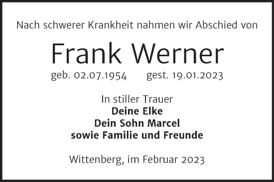 Traueranzeige von Frank Werner von Trauerkombi Wittenberg