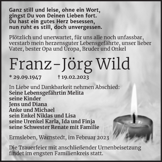 Traueranzeige von Franz-Jörg Wild von Trauerkombi Quedlinburg