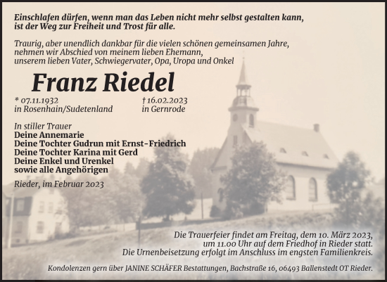 Traueranzeige von Franz Riedel von Trauerkombi Quedlinburg