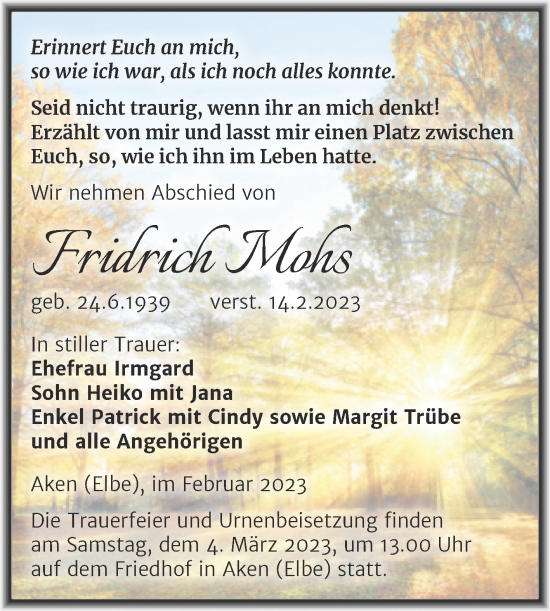 Traueranzeige von Fridrich Mohs von Trauerkombi Köthen