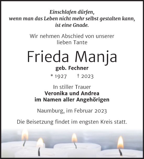 Traueranzeige von Frieda Manja von Wochenspiegel Naumburg/Nebra