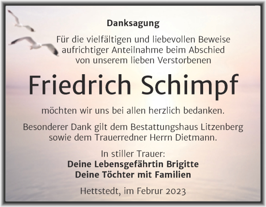 Traueranzeige von Friedrich Schimpf von Trauerkombi Mansfelder Land