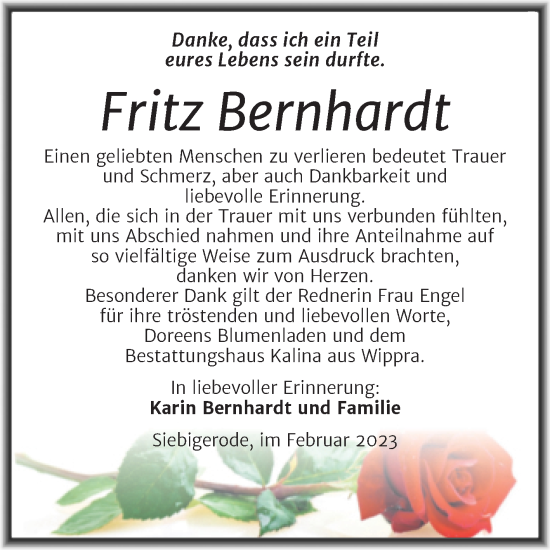 Traueranzeige von Fritz Bernhardt von Trauerkombi Mansfelder Land