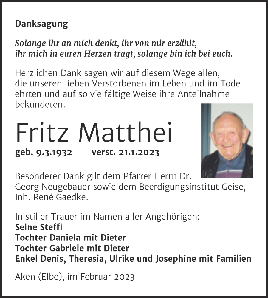  Traueranzeige für Fritz Matthei vom 11.02.2023 aus Trauerkombi Köthen