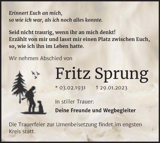 Traueranzeige von Fritz Sprung von Trauerkombi Köthen
