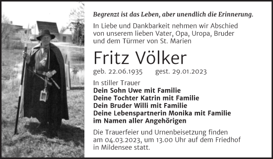 Traueranzeige von Fritz Völker von Trauerkombi Dessau
