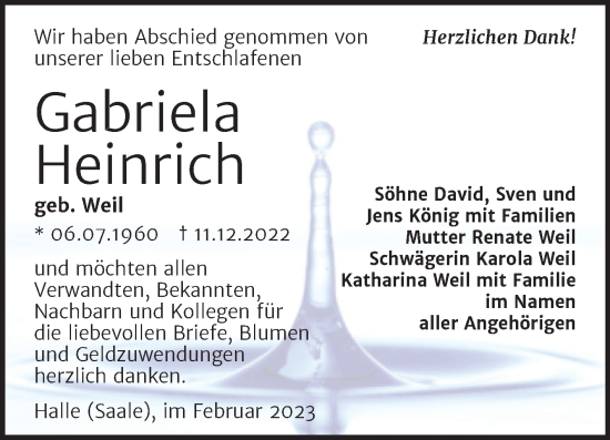 Traueranzeige von Gabriela Heinrich von Mitteldeutsche Zeitung Halle/Saalkreis