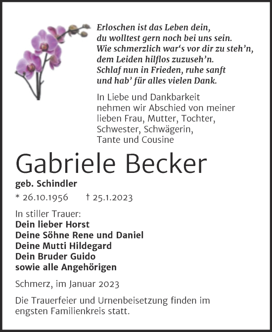 Traueranzeige von Gabriele Becker von Trauerkombi Bitterfeld