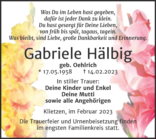 Traueranzeige von Gabriele Hälbig von Trauerkombi Köthen