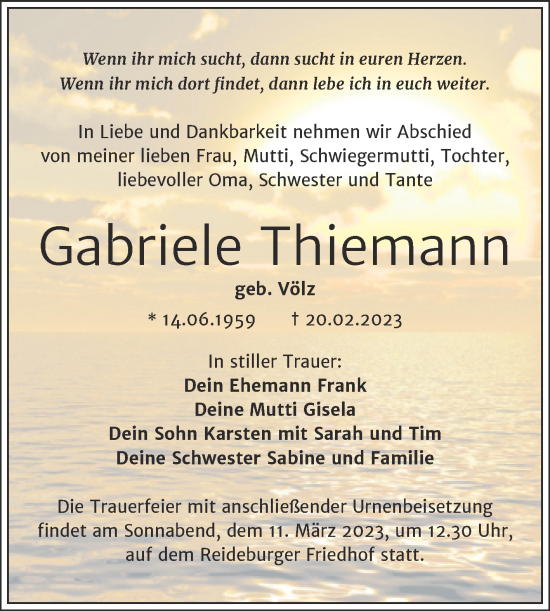 Traueranzeige von Gabriele Thiemann von Mitteldeutsche Zeitung Halle/Saalkreis