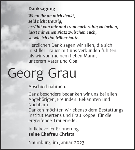 Traueranzeige von Georg Grau von Wochenspiegel Naumburg/Nebra