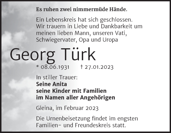 Traueranzeige von Georg Turk von Wochenspiegel Naumburg/Nebra