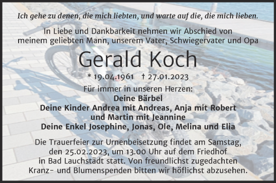 Traueranzeige von Gerald Koch von Trauerkombi Merseburg