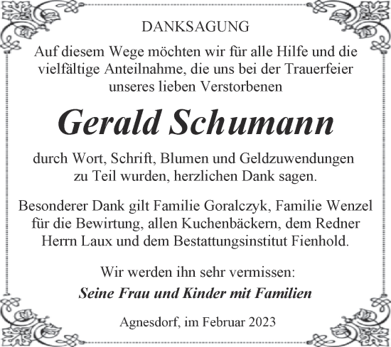 Traueranzeige von Gerald Schumann von Trauerkombi Sangerhausen