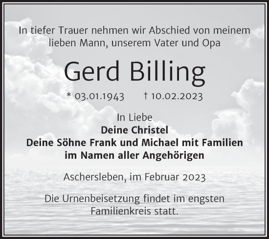 Traueranzeige von Gerd Billing von Mitteldeutsche Zeitung Aschersleben