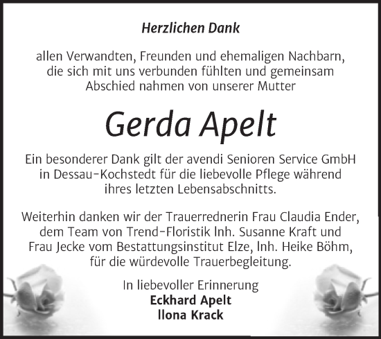Traueranzeige von Gerda Apelt von Trauerkombi Dessau