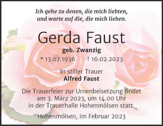 Traueranzeige von Gerda Faust von Trauerkombi Weißenfels