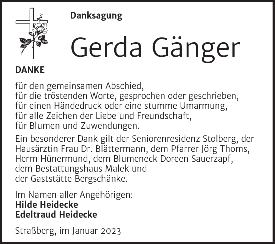 Traueranzeige von Gerda Gänger von Trauerkombi Quedlinburg