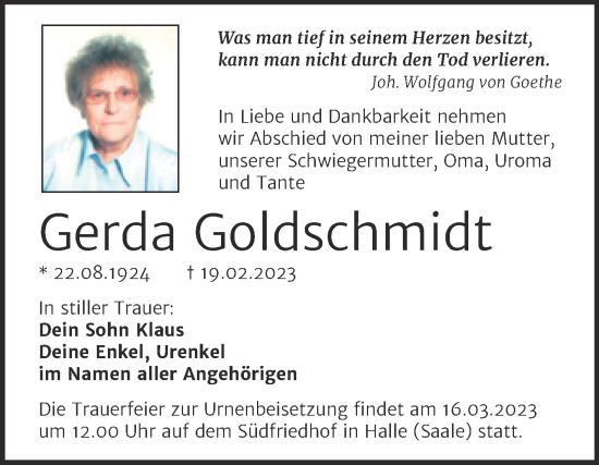 Traueranzeige von Gerda Goldschmidt von Mitteldeutsche Zeitung Halle/Saalkreis