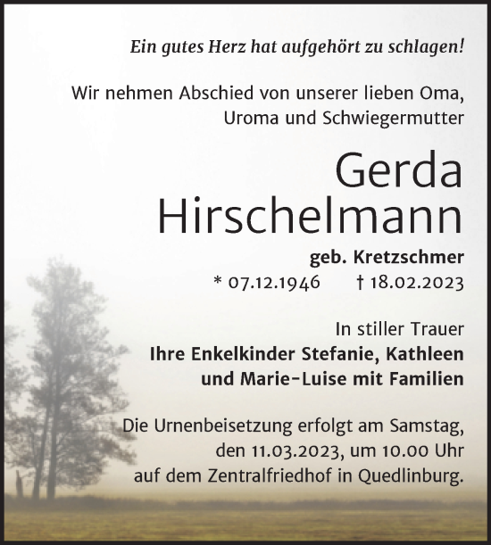 Traueranzeige von Gerda Hirschelmann von Trauerkombi Quedlinburg