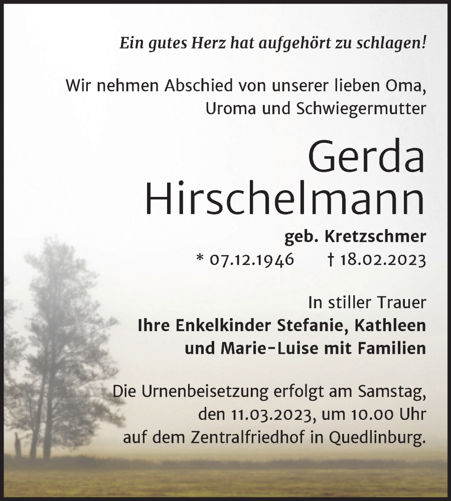  Traueranzeige für Gerda Hirschelmann vom 25.02.2023 aus Trauerkombi Quedlinburg