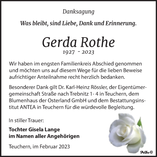Traueranzeige von Gerda Rothe von Trauerkombi Weißenfels
