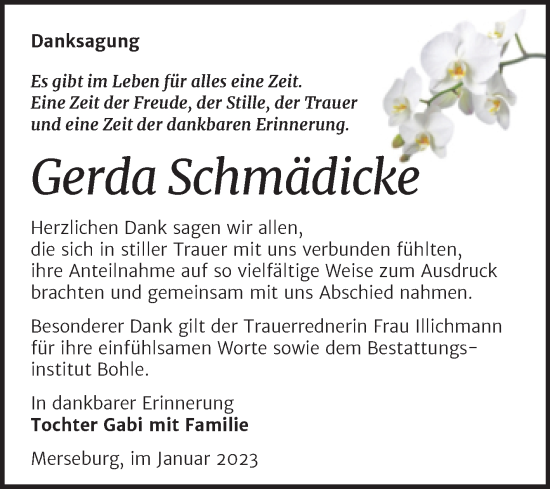 Traueranzeige von Gerda Schmädicke von Trauerkombi Merseburg