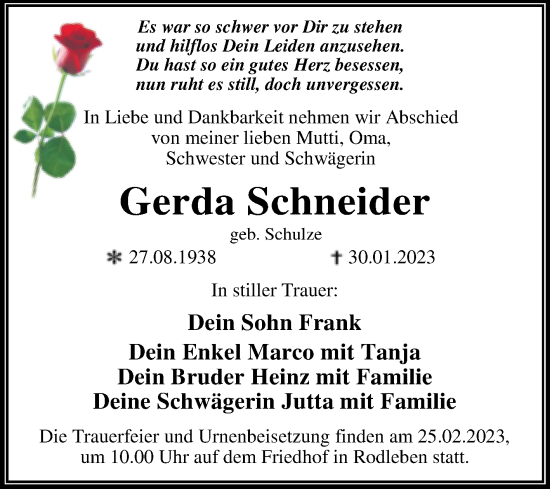 Traueranzeige von Gerda Schneider von Trauerkombi Dessau