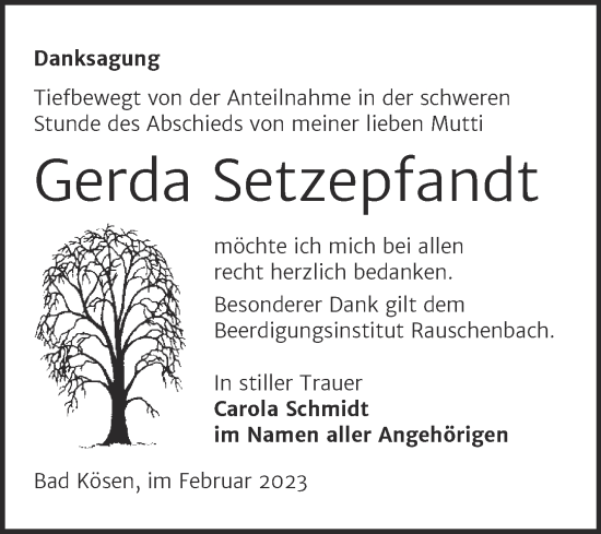 Traueranzeige von Gerda Setzepfandt von Wochenspiegel Naumburg/Nebra