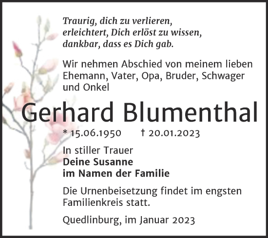 Traueranzeige von Gerhard Blumenthal von Trauerkombi Quedlinburg