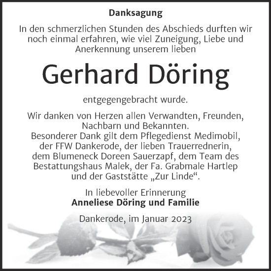 Traueranzeige von Gerhard Döring von Trauerkombi Quedlinburg