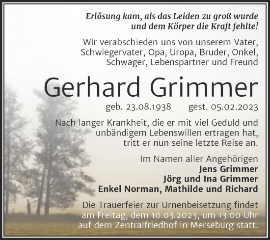 Traueranzeige von Gerhard Grimmer von Trauerkombi Merseburg