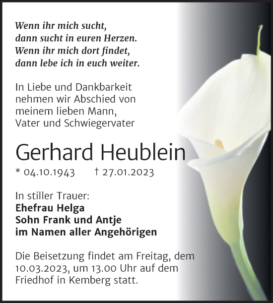 Traueranzeige von Gerhard Heublein von Trauerkombi Wittenberg