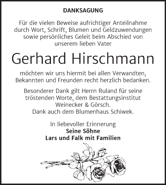Traueranzeige von Gerhard Hirschmann von Trauerkombi Bernburg
