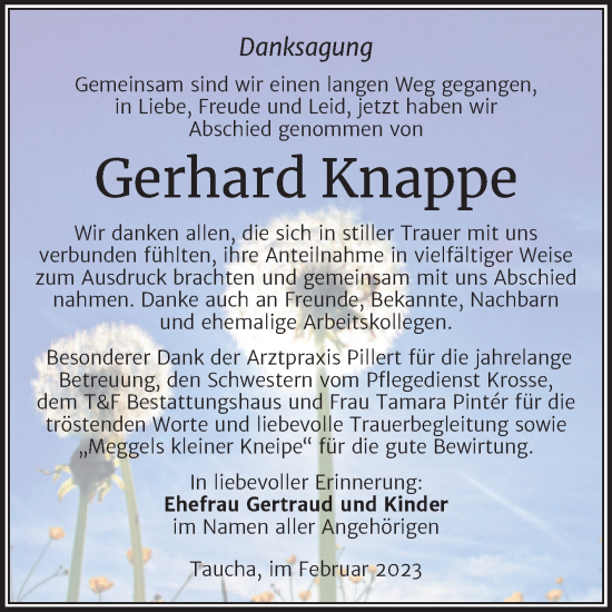 Traueranzeige von Gerhard Knappe von Trauerkombi Weißenfels